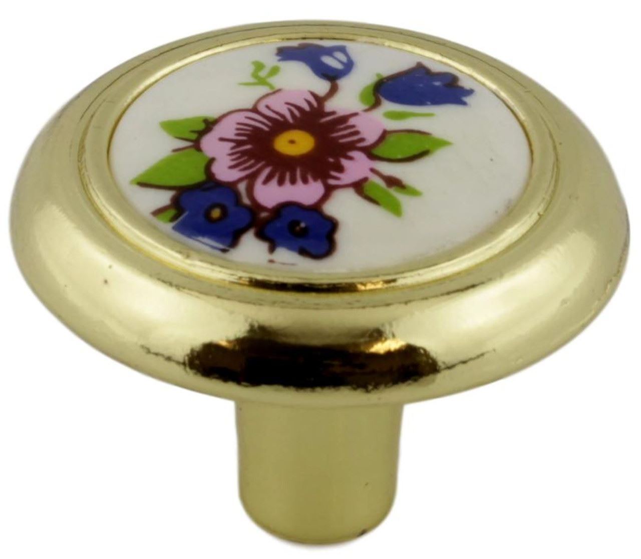 1-1/4" Floral Ceramic Insert Knob Bright Brass