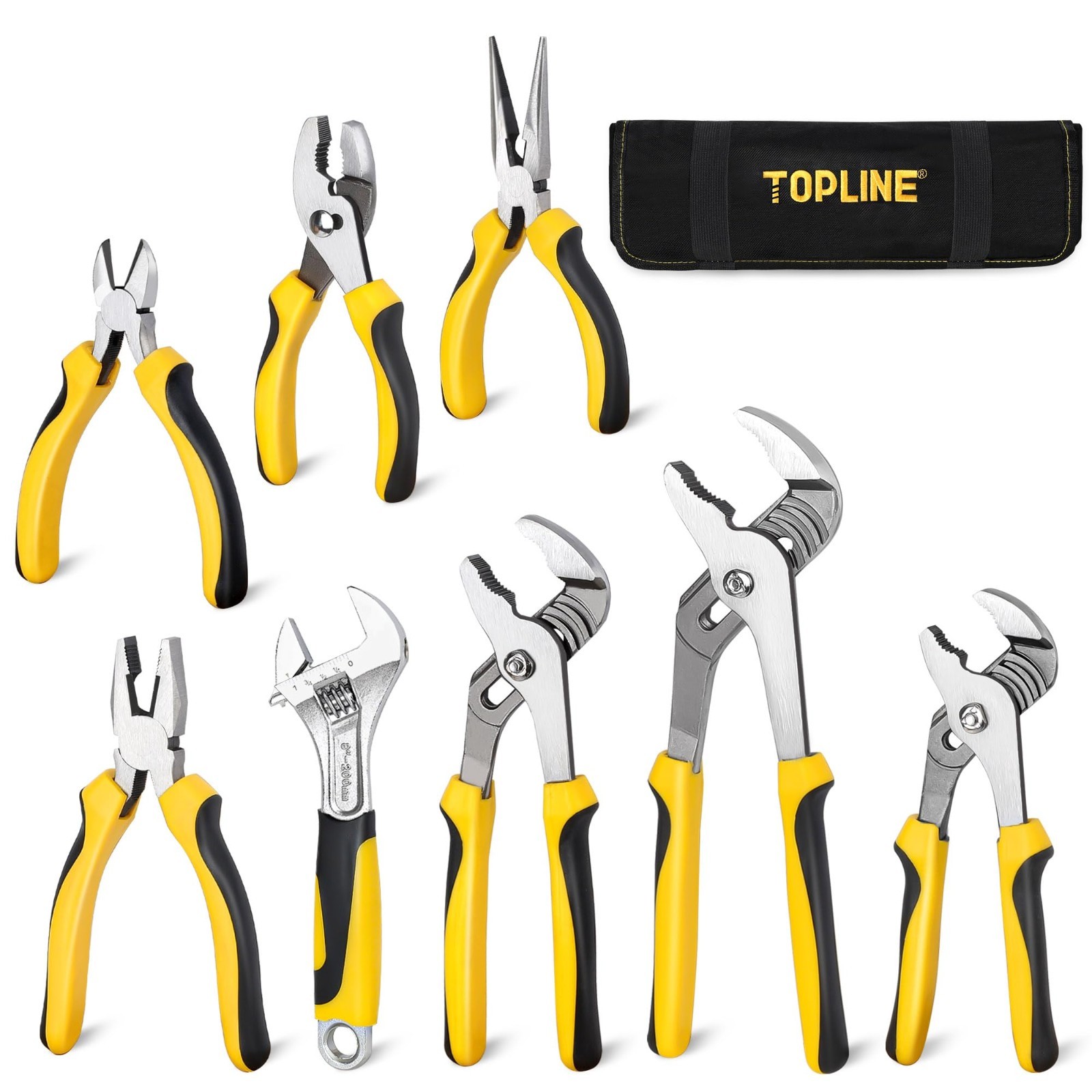 8-Piece Pliers & Wrench Set with Rolling Pouch | Adjustable, Groove Joint, Lines