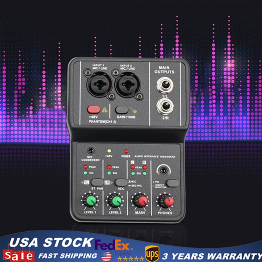 2 Channel Mixing Console Live Studio Audio DJ Mixer Sound Board USB Interface