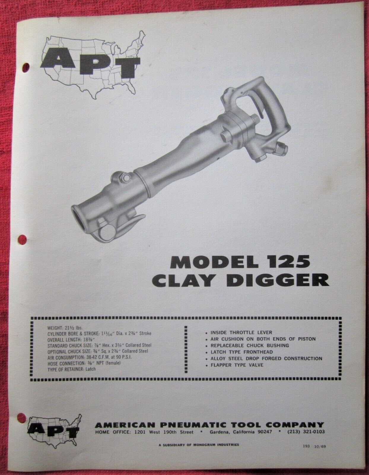 APT AMERICAN PNEUMATIC TOOL Co. MODEL 125 CLAY DIGGER PARTS LIST MANUAL