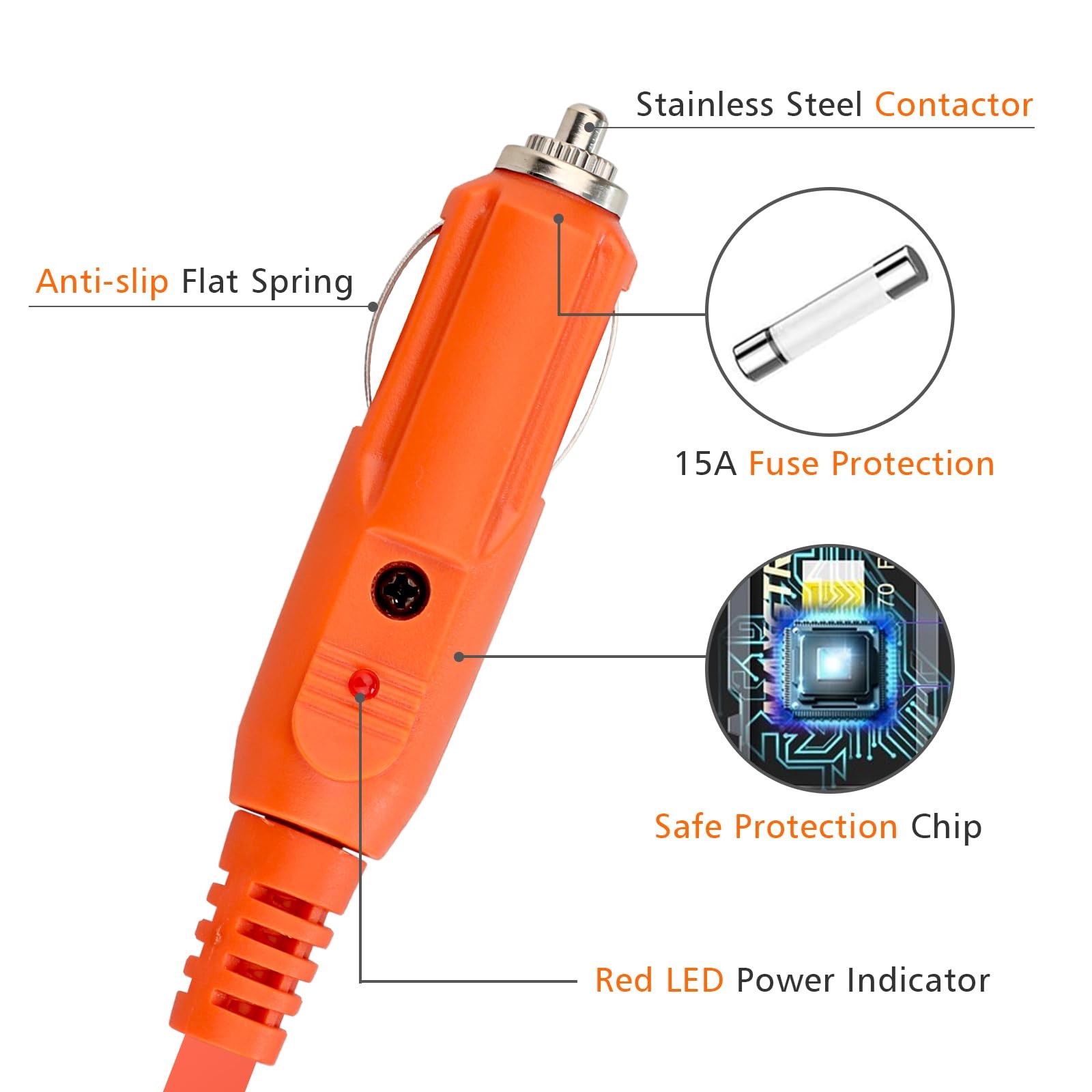 79inch Car Charging Cable with Cigarette Lighter Plug, 79 inches, Orange