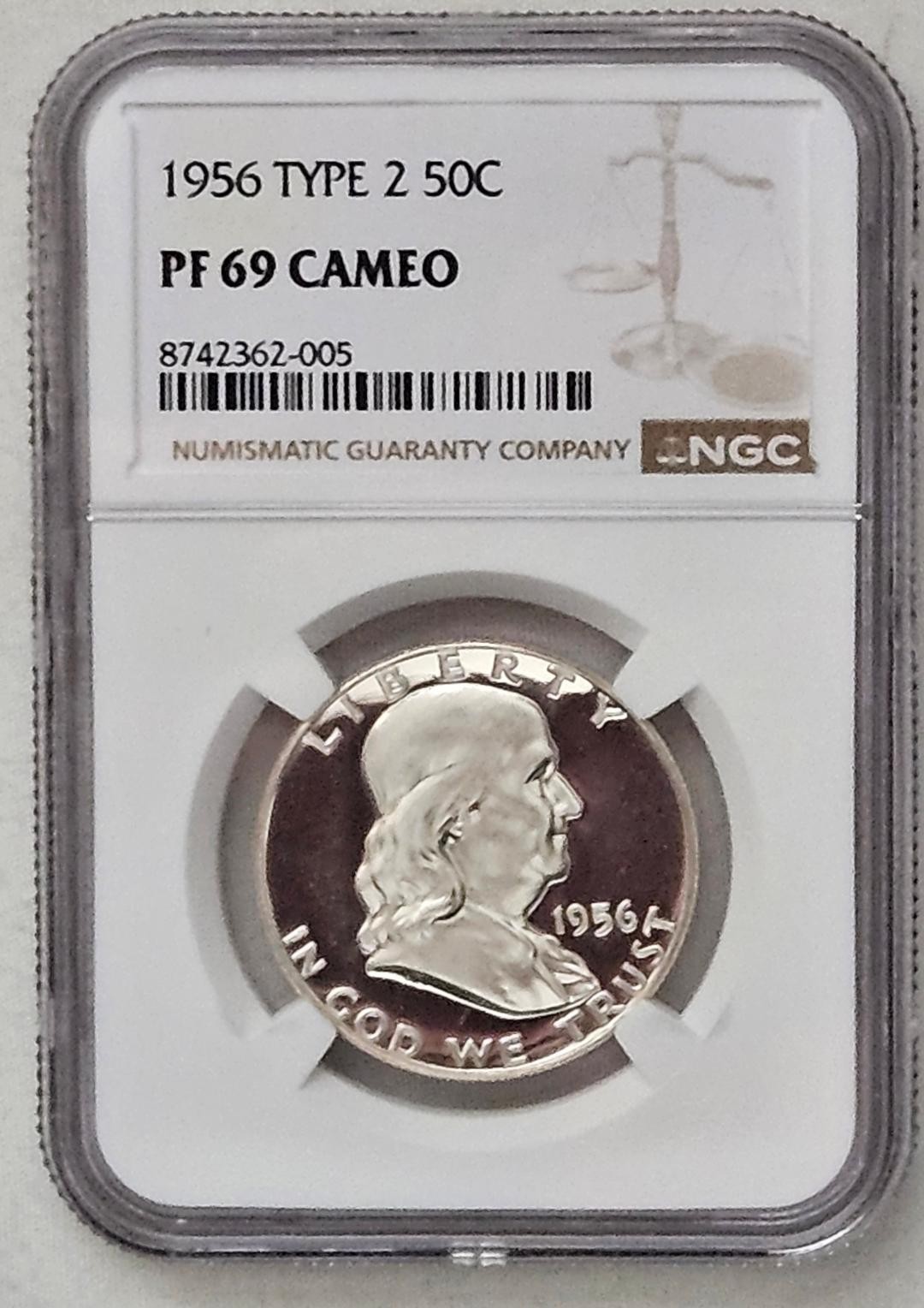 1956 TYPE 2 PROOF 69 CAMEO FRANKLIN HALF, DEEP CAMEO LOOK
