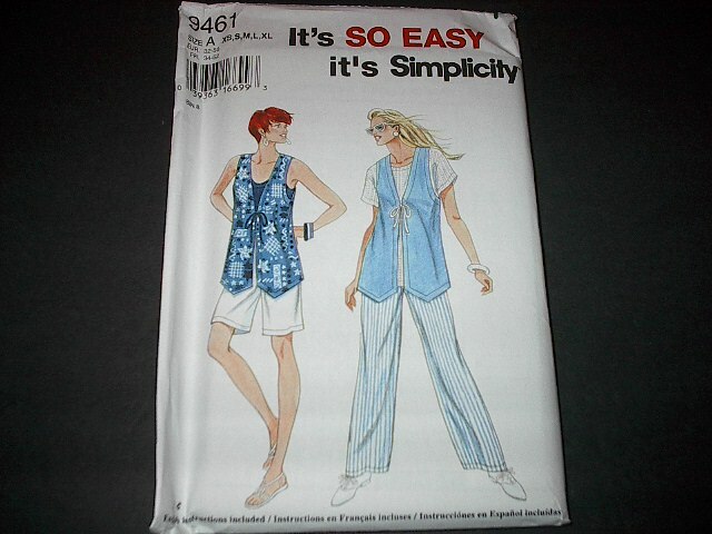Simplicity Pattern 9461 Misses' Pants or Shorts and Lined Vest  XS,S,M,L,XL  Unc