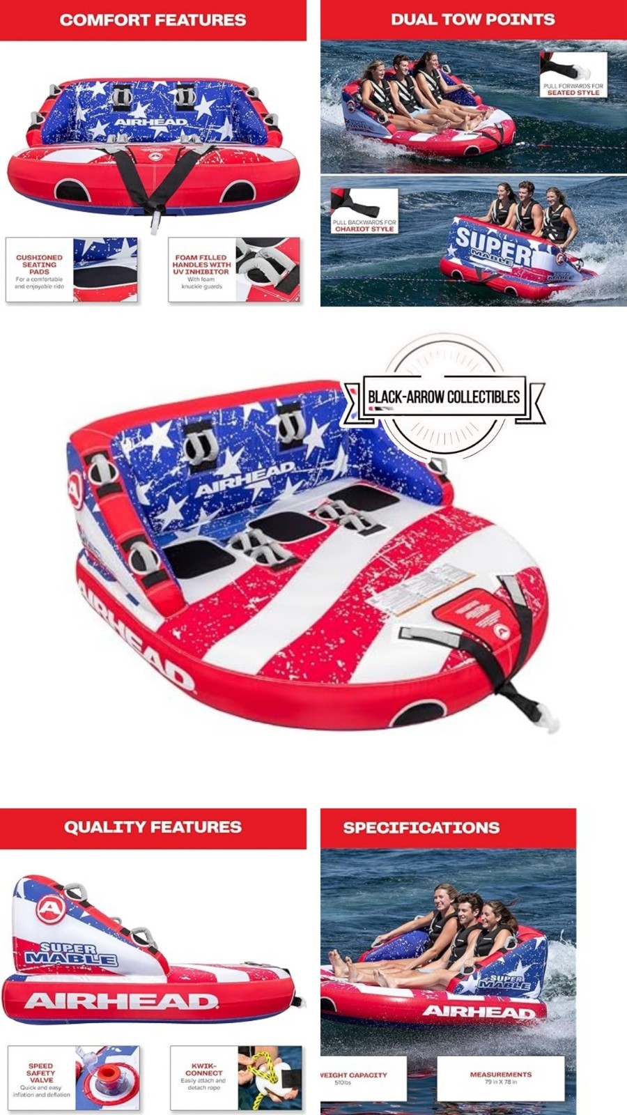 Airhead Super Mable 3 Person Towable Tube Inflatable Boat Dual Tow USA Stripes!