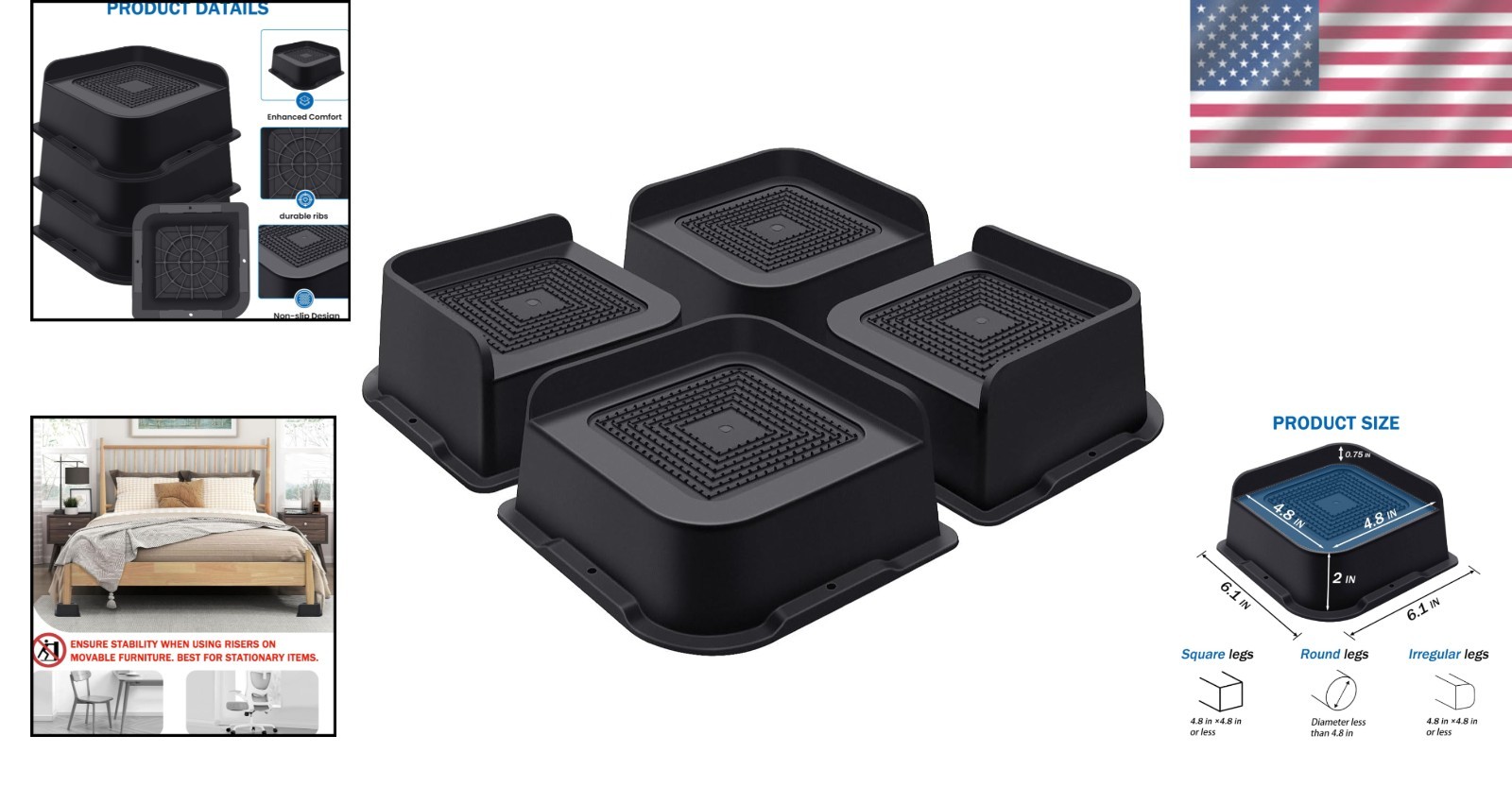 Sturdy 2 Inch Bed & Couch Risers - 4 Pack, Maximum Stability & Floor Protection