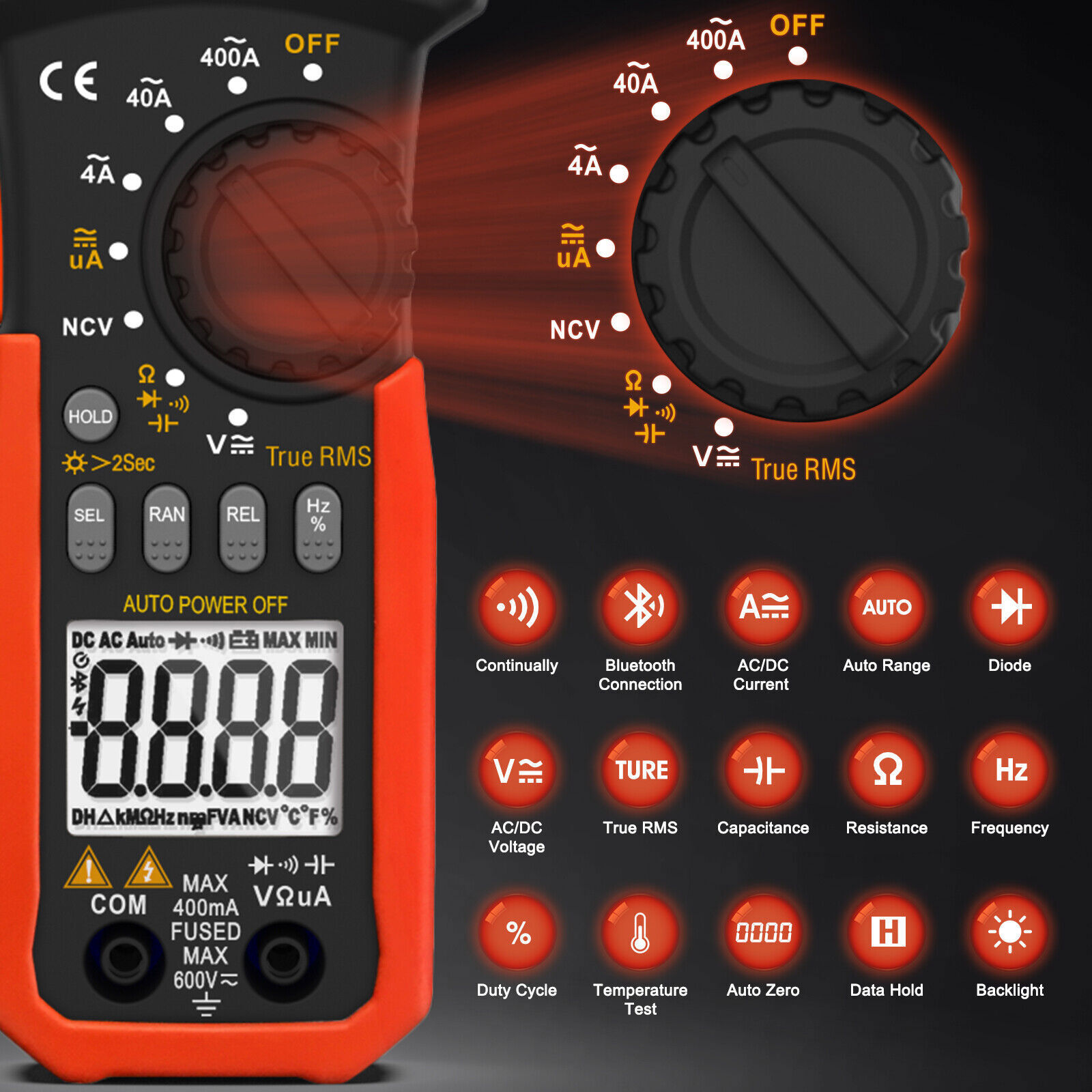 Digital TRMS Clamp Meter 600V AC/DC 400A 40MΩ 26mm 4000C Data Hold Backlight