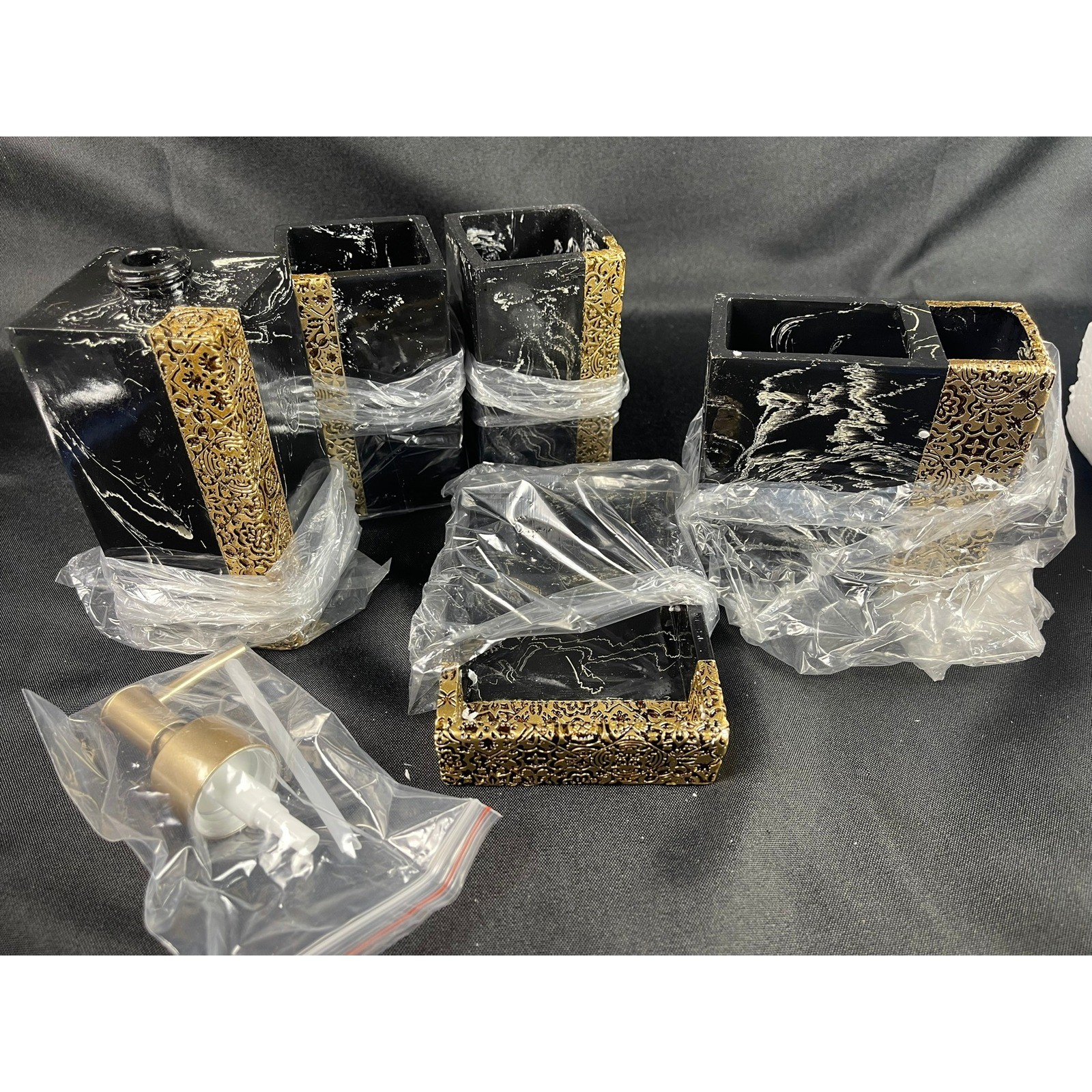 5 Piece Black Marble Gold Filigree Bathroom Accessory Set Soap Dispenser Dish