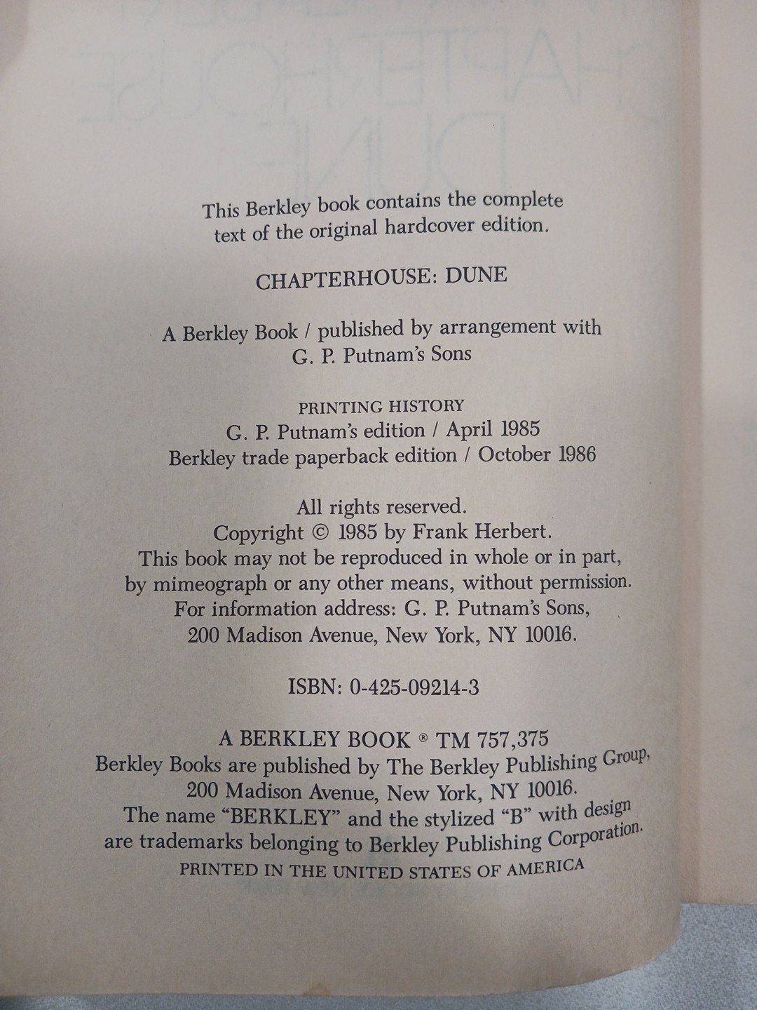 Chapterhouse Dune Frank Herbert 1986 Berkley TPB First Edition 1st Printing Vtg