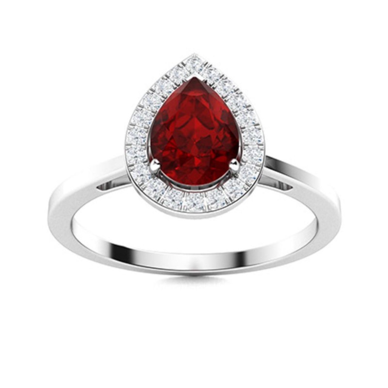 Pear January Birth Garnet Gemstone 925 Sterling Silver Prong Halo Ring