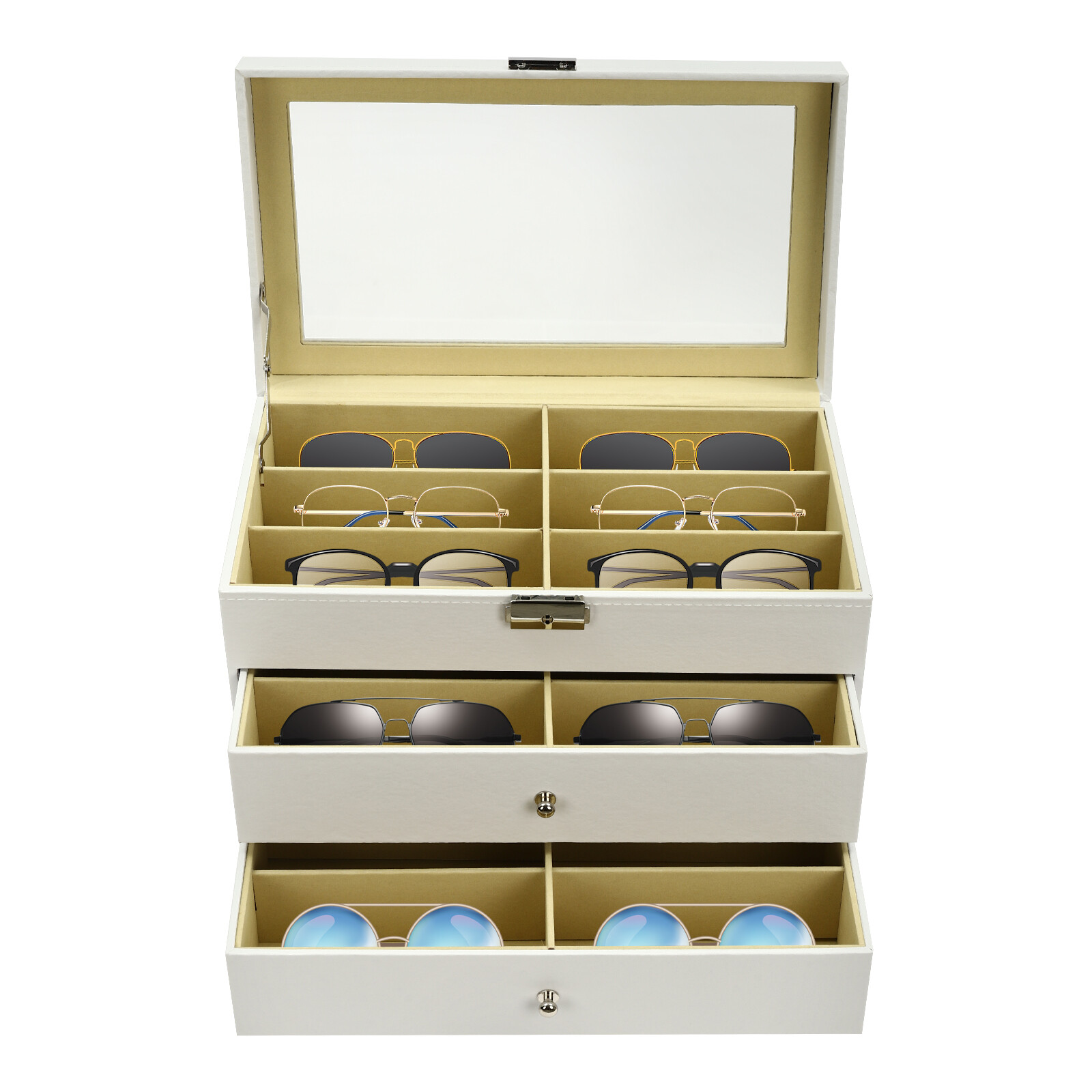 18-Slot Eyeglass Storage Box with Lock & Key - Durable PU Protection