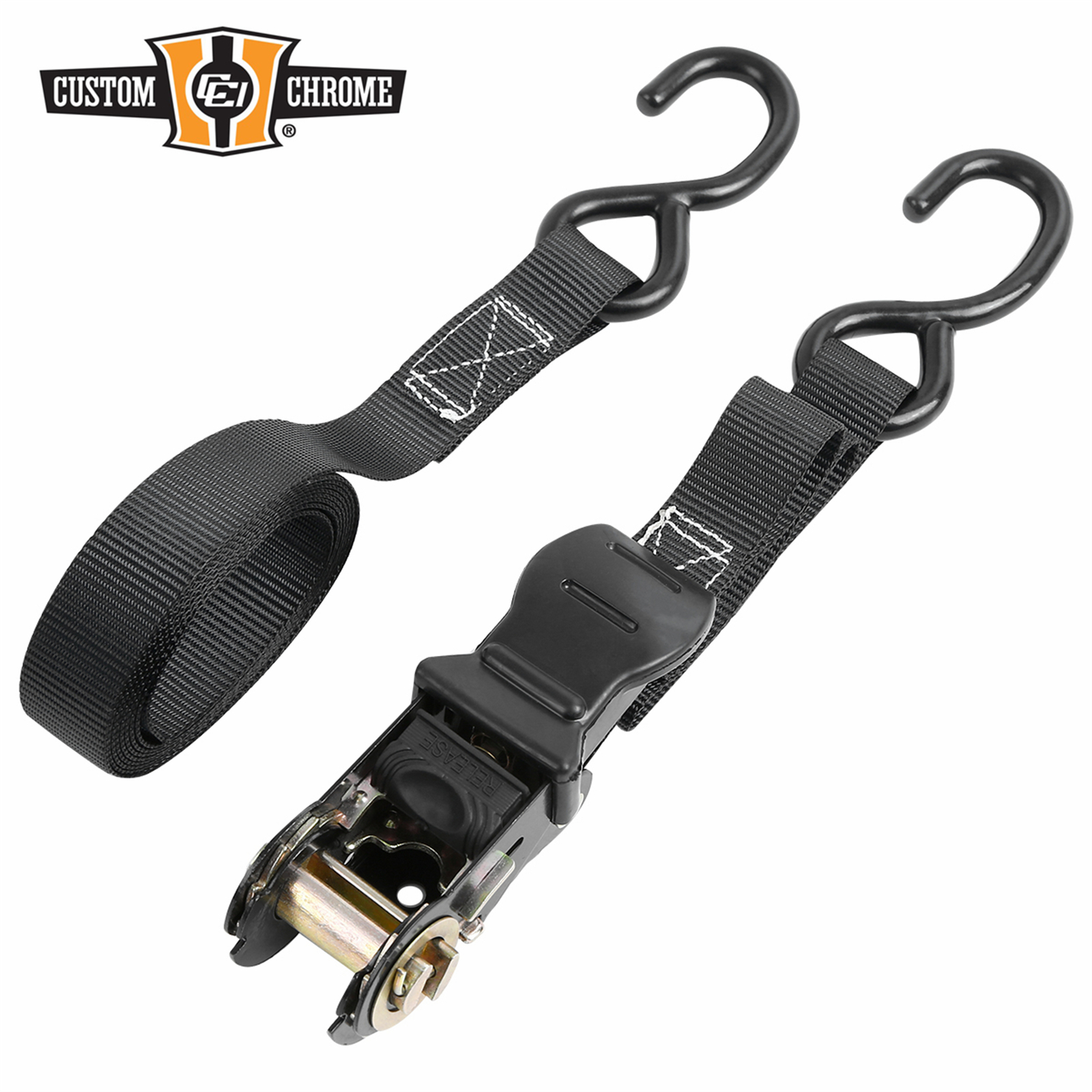 1"x 7.5' Pair Retractable Cargo Lashing Strap Tie Down Straps w/ S-Hooks Black