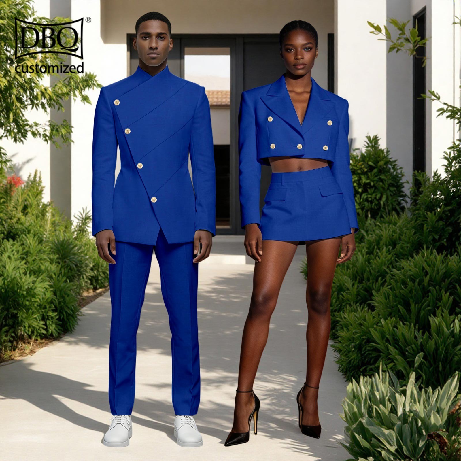 African Couple Cloth Customizable Men Jacket Pants Set Women Short top Skirt Set
