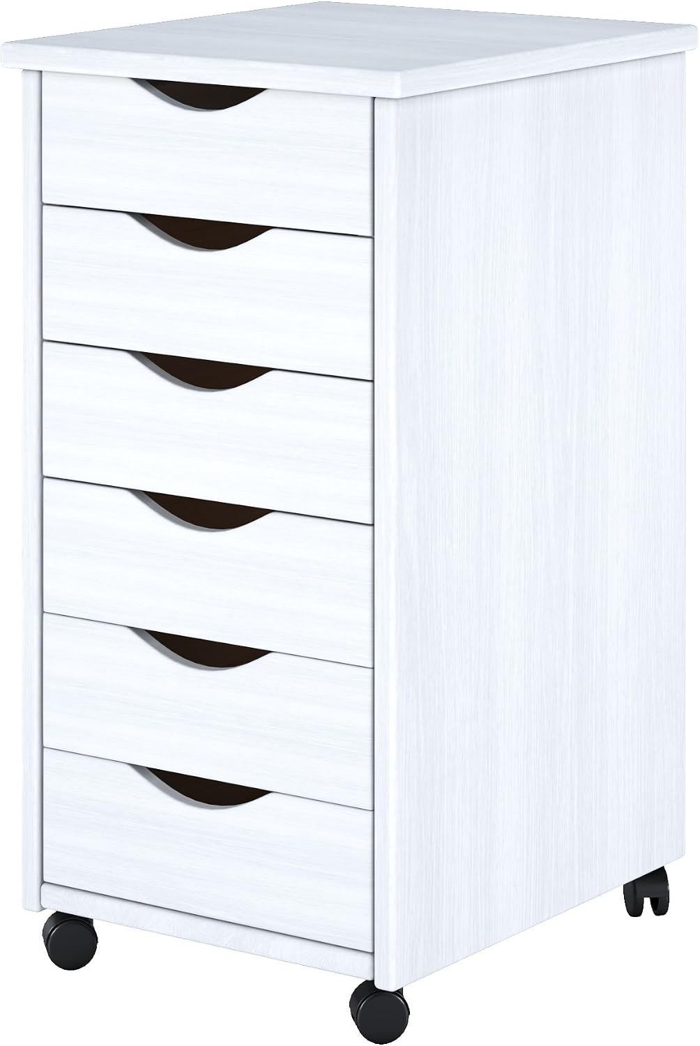 Solid Pine Wood 6 Drawer Rolling Cart White