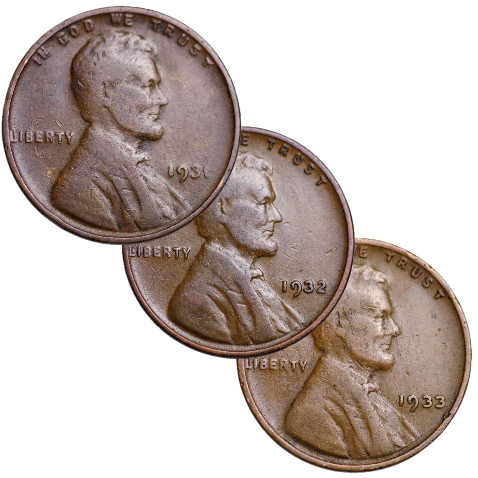 (RUN OF 3 PC) 1931, 1932, 1933 Lincoln Wheat Cent Penny Lot Key Dates NICE!