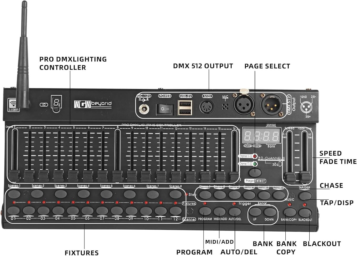 DMX512 384 Channel Controller, 2.4G Wireless & Wired Dual Mode DMX Light Control