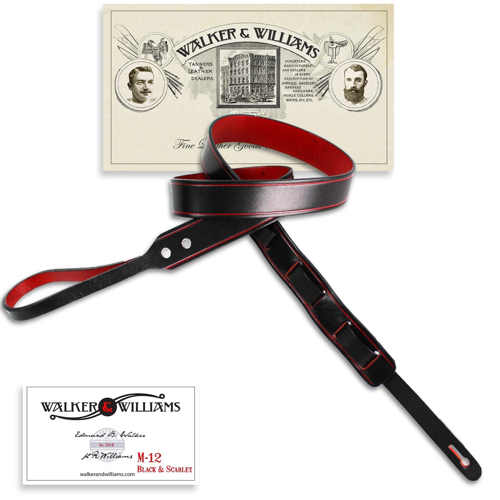 Walker & Williams M-12 Gloss Black And Red Premium Grain Leather Mandolin Strap