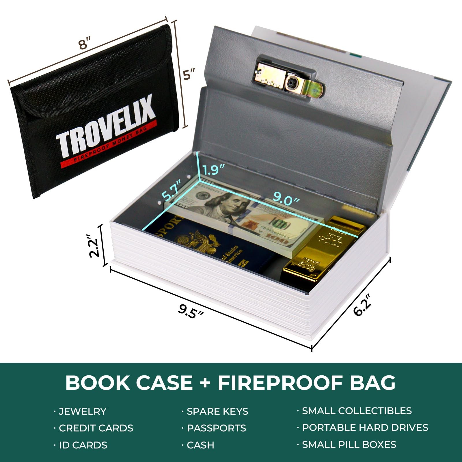 Hidden Book Safe With Combination Lock 9.5x6.2x2.2 Inch Fireproof Bag