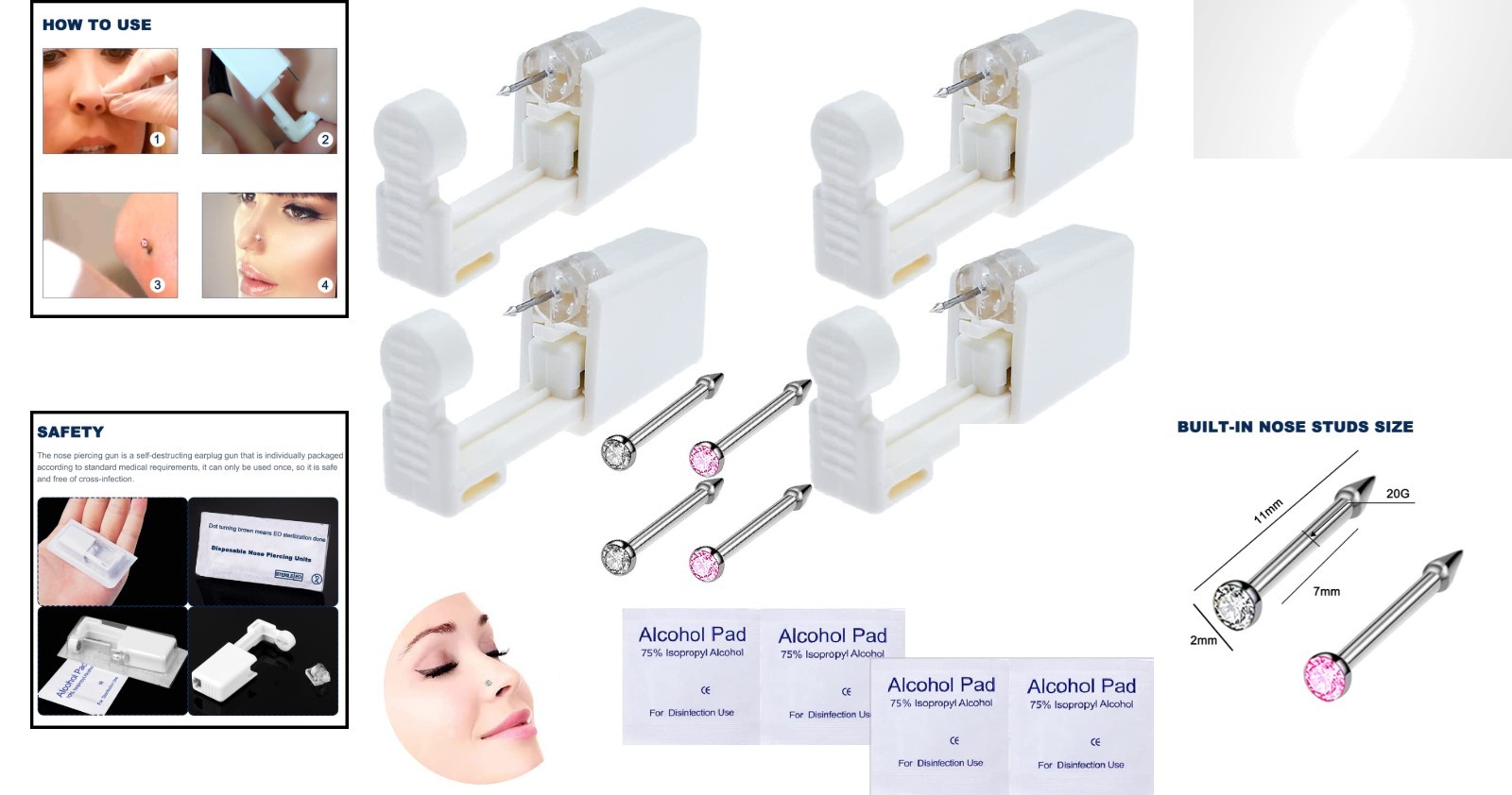 Quick & Safe Nose Piercing Kit - 4 Disposable Guns with White & Pink Studs