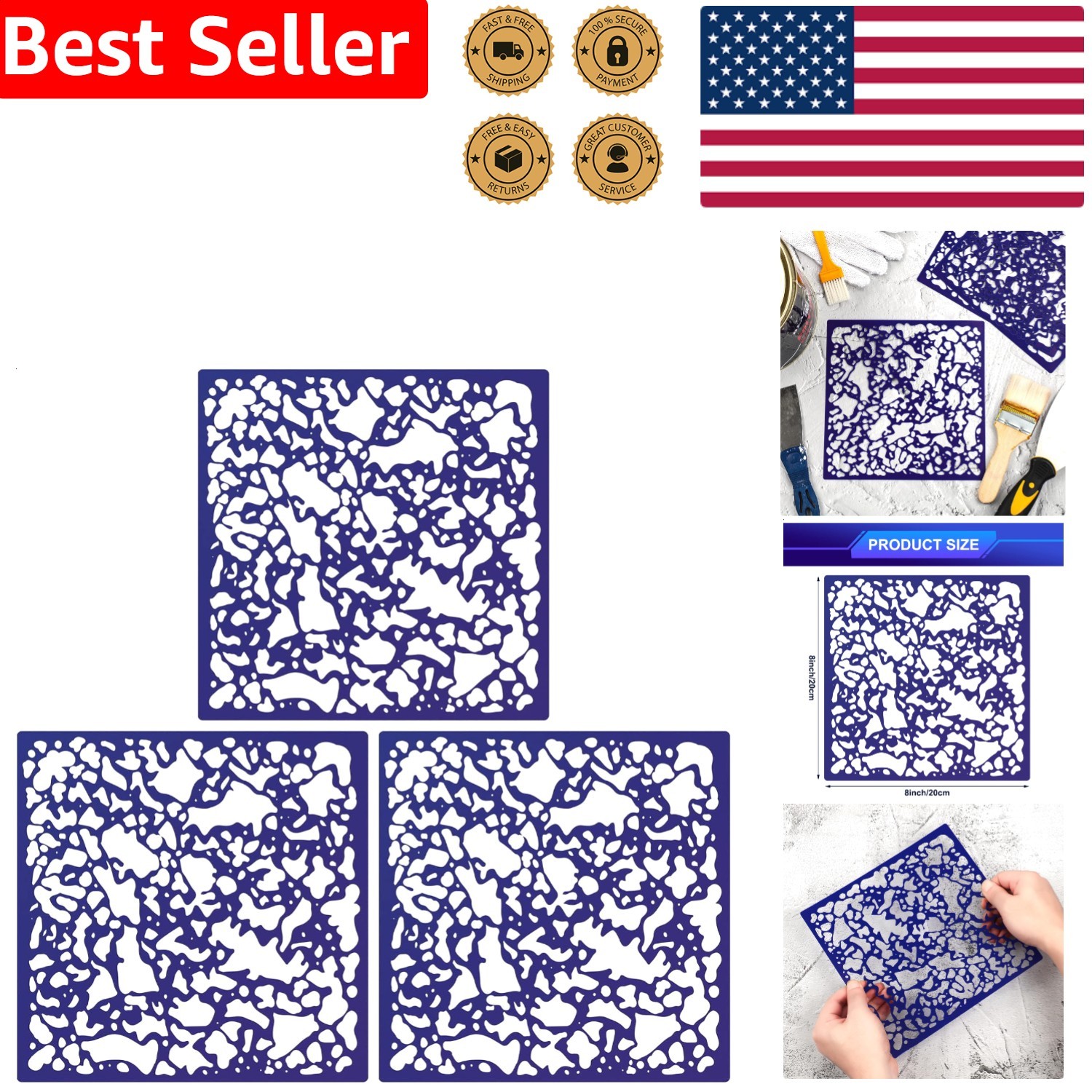 3 Piece Knockdown Texture Stencils Drywall Repair Tool 8x8 Inch Plastic