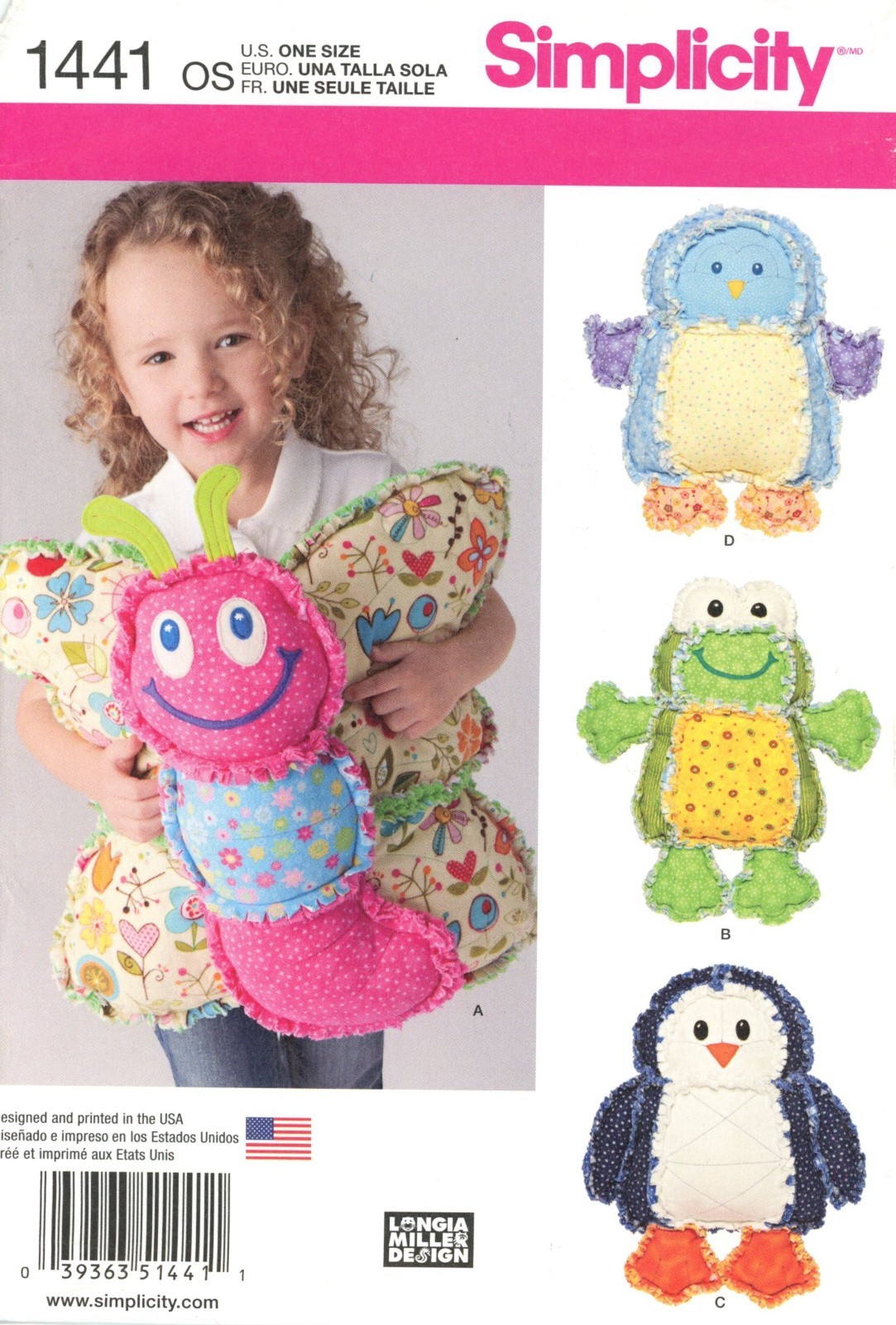 Simplicity 1441 LONGIA MILLER Rag Quilted Butterfly, Penguin, Frog Pillows UC
