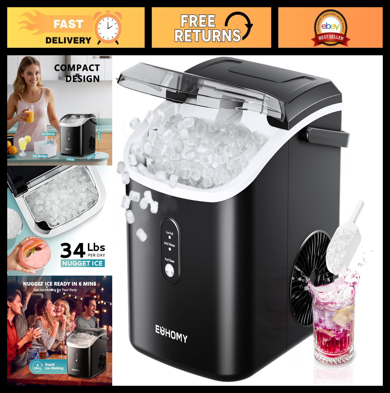 Countertop Nugget Ice Maker, Portable Sonic Ice Machine, 34lbs Daily, Auto-Clean