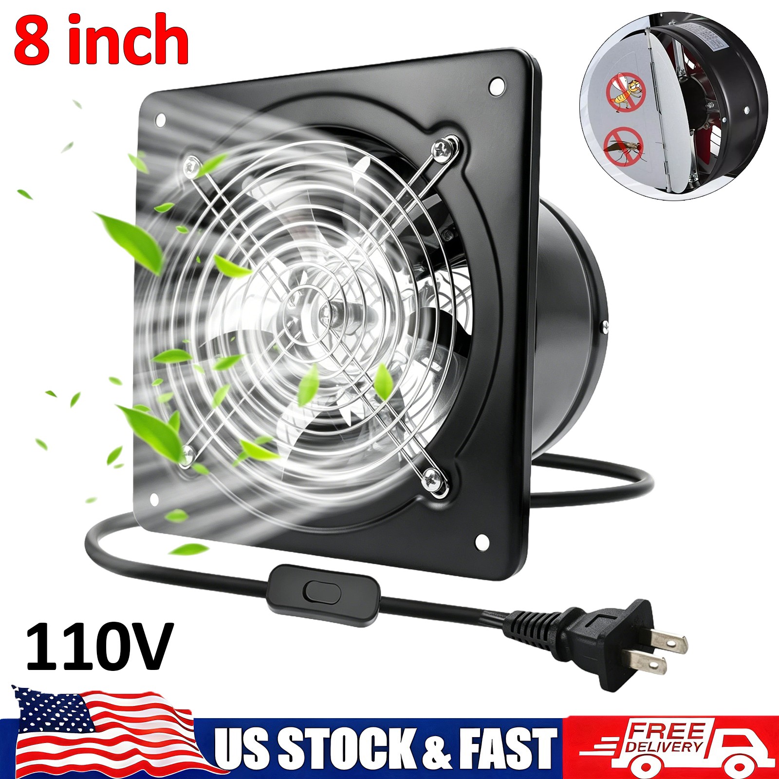 8" Exhaust Fan Wall-Mounted Fume Extractor Ventilation Fan for Paint Booths 110V
