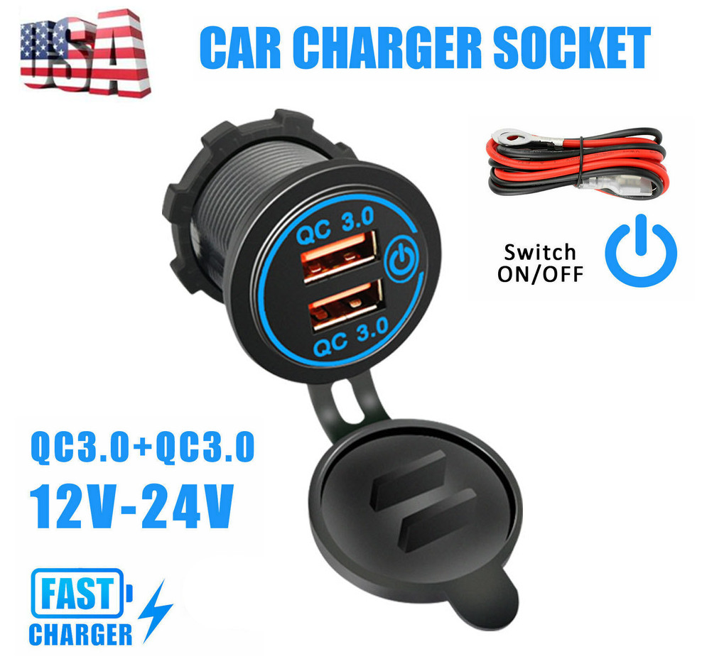 Car USB Outlet Dual Quick Charge QC 3.0 Port Battery Cigarette Chargers Socket