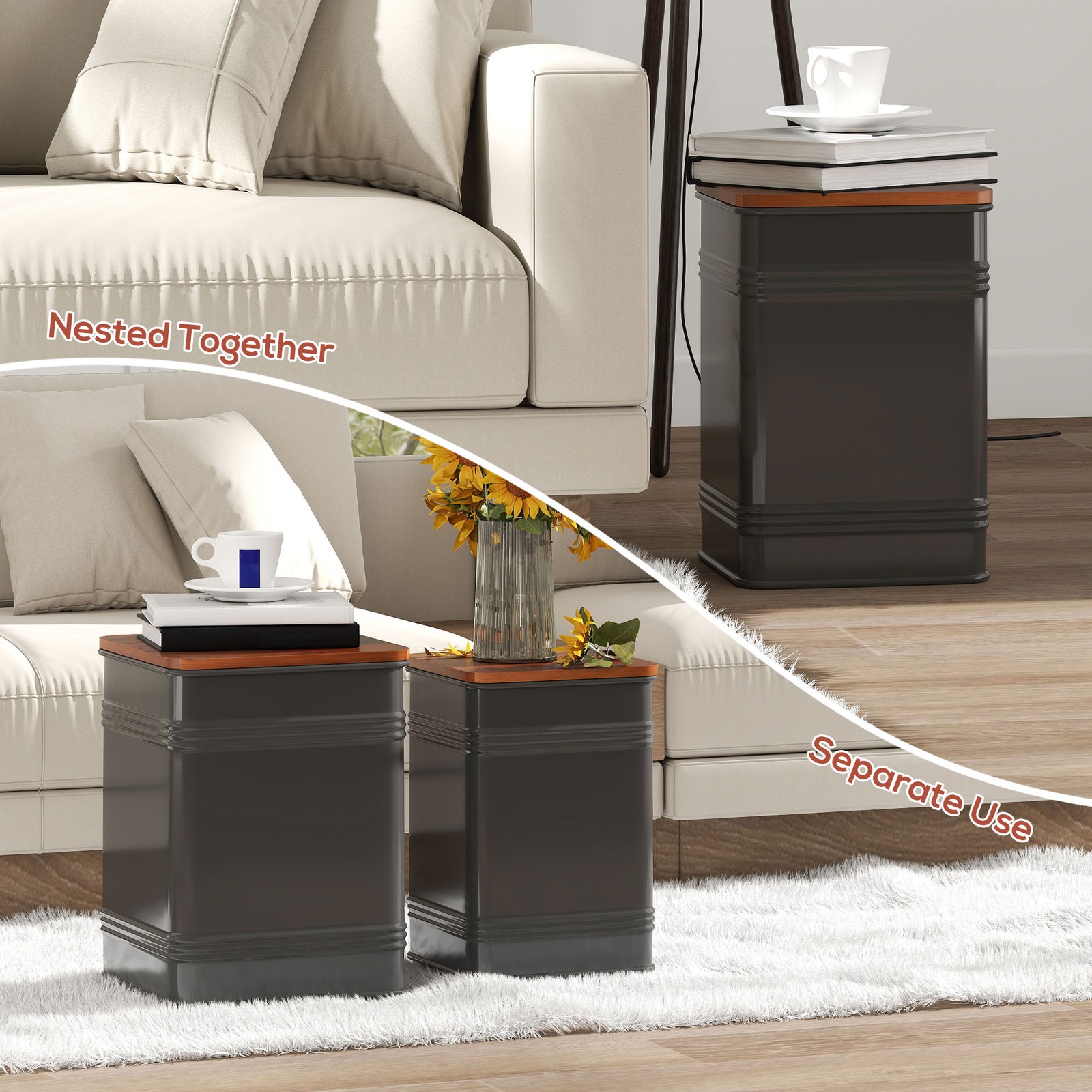 Ottoman With Storage Set Of 2, Industrial Nesting Ottoman Stool With Removable