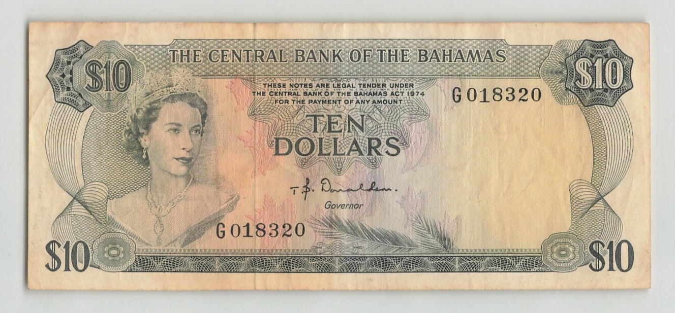 BAHAMAS $10 Dollar 1974, P-38a Donaldson, Central Bank, Orig VF+. G018320, QEII.