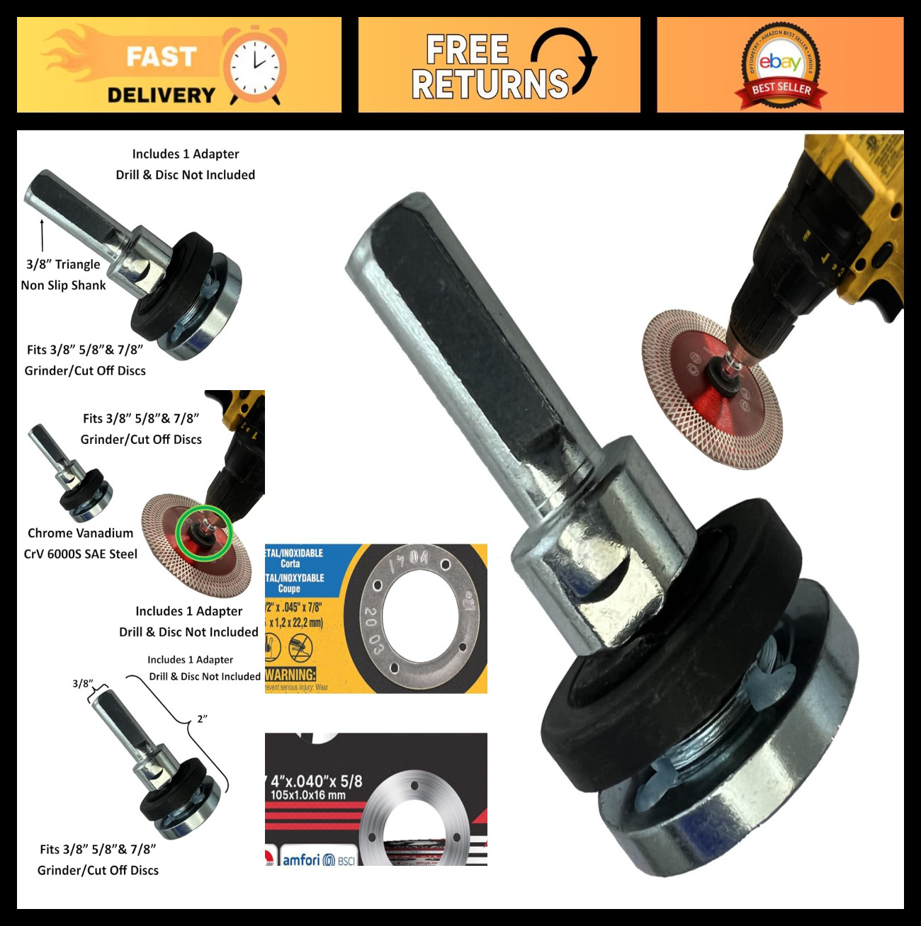 Drill Adapter Attachment for 3/8" 5/8" & 7/8" Arbor Grinder Discs & Cut Off Whee