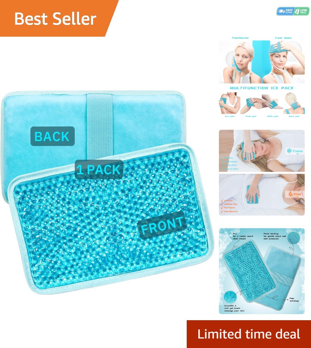 7.76''x4.93'' Gel Beads Ice Pack - Reusable Hot & Cold Therapy for Pain Relief