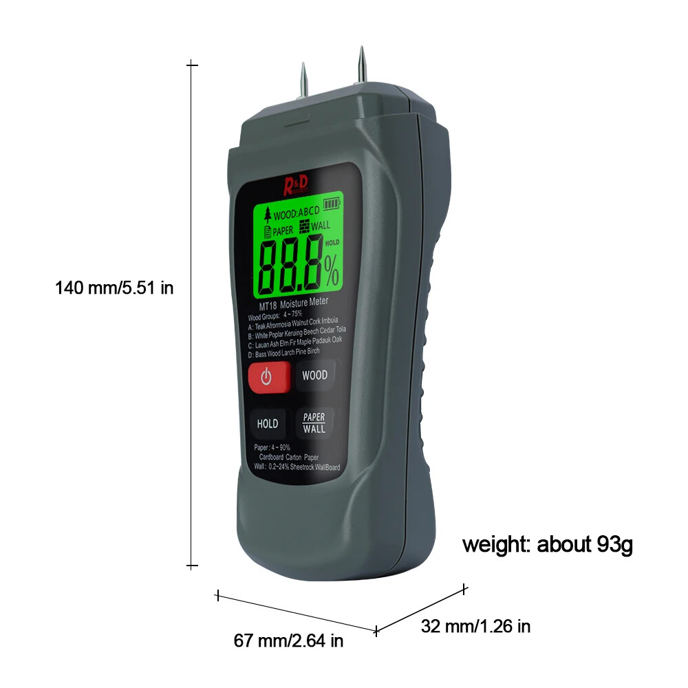 MT-18 Grey 0-99.9% Two Pins Digital Wall Hygrometer Timber Damp Detector