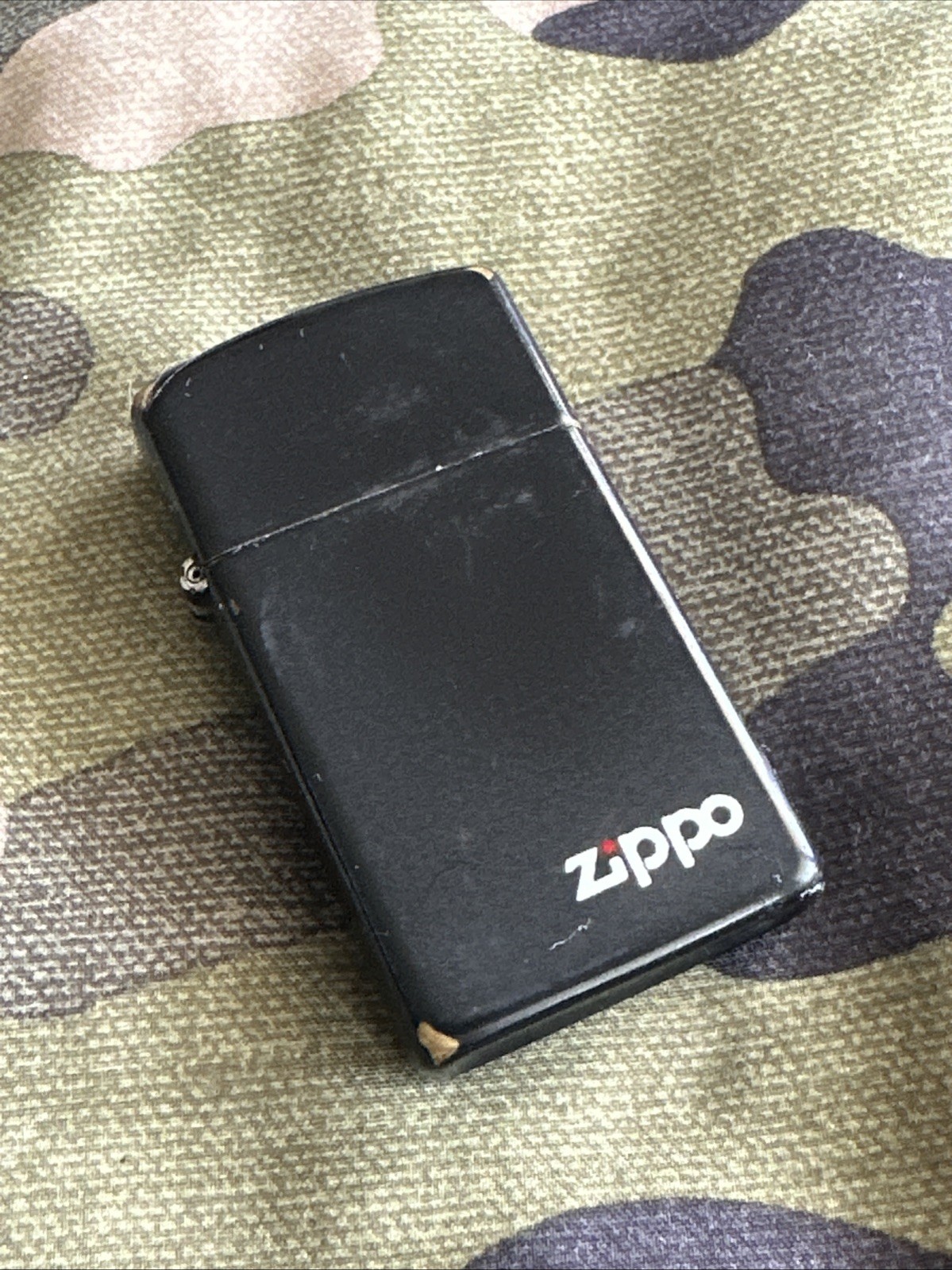 1990s Vintage Zippo Slim Lighter - Black Matte With White Logo