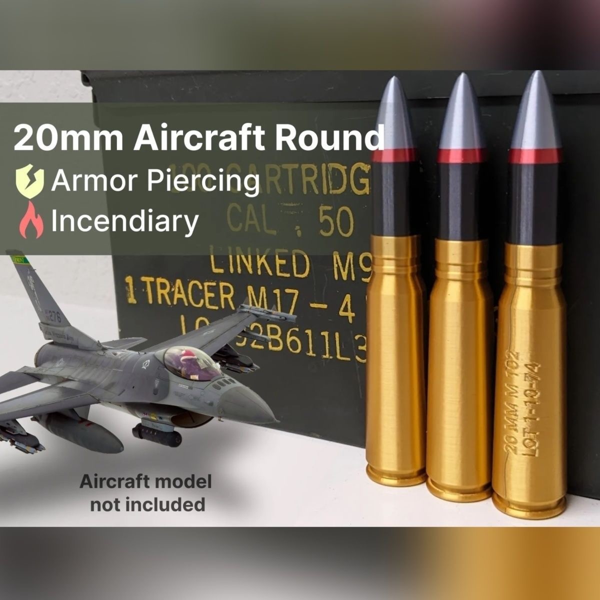 3PC 1:1 20mm Oerlikon Aircraft Cannon Shell 3D Printed Model Display Replica