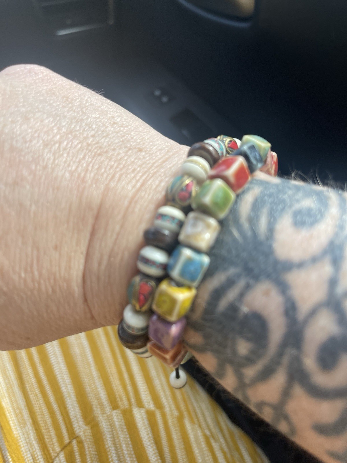 2 Artisan Bracelets Clay Beads Stones 1 Adjustable 1 Stretchy