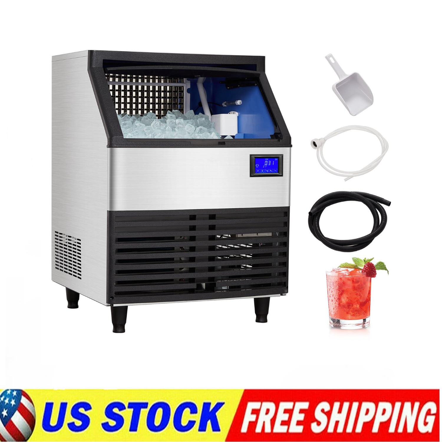 Commercial Ice Maker, Ice Maker Machine with 99lbs Storage Bin 176lbs/24 Hours
