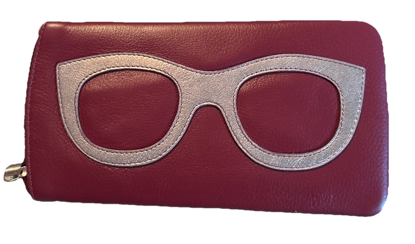 ILI Genuine Leather Eyeglass Case With Frame Graphic In Merlot/Rose
