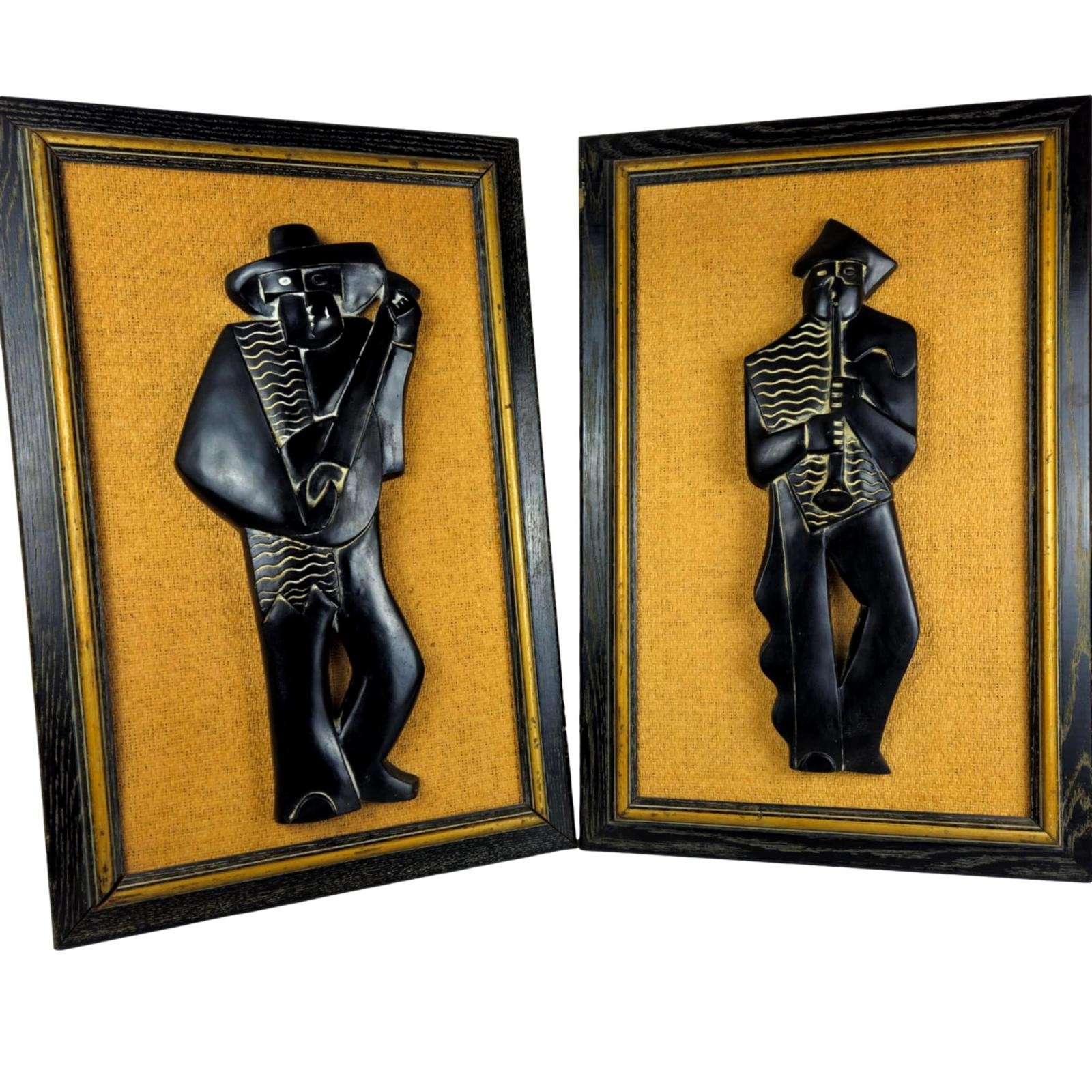 1960s Abstract Guitarron & Chirimia Players Modern Musicians Sculpture Wall Art