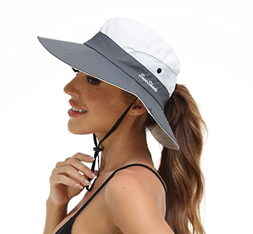 Womens Summer Sun Hat Beach Hat Wide Brim Outdoor UV Protection 6-7 Grey+beige