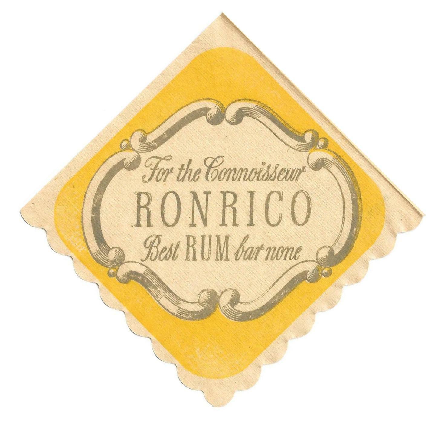 1940s era For the Connoisseur Ronrico Rum Cocktail Bar Lounge Napkin Puerto Rico