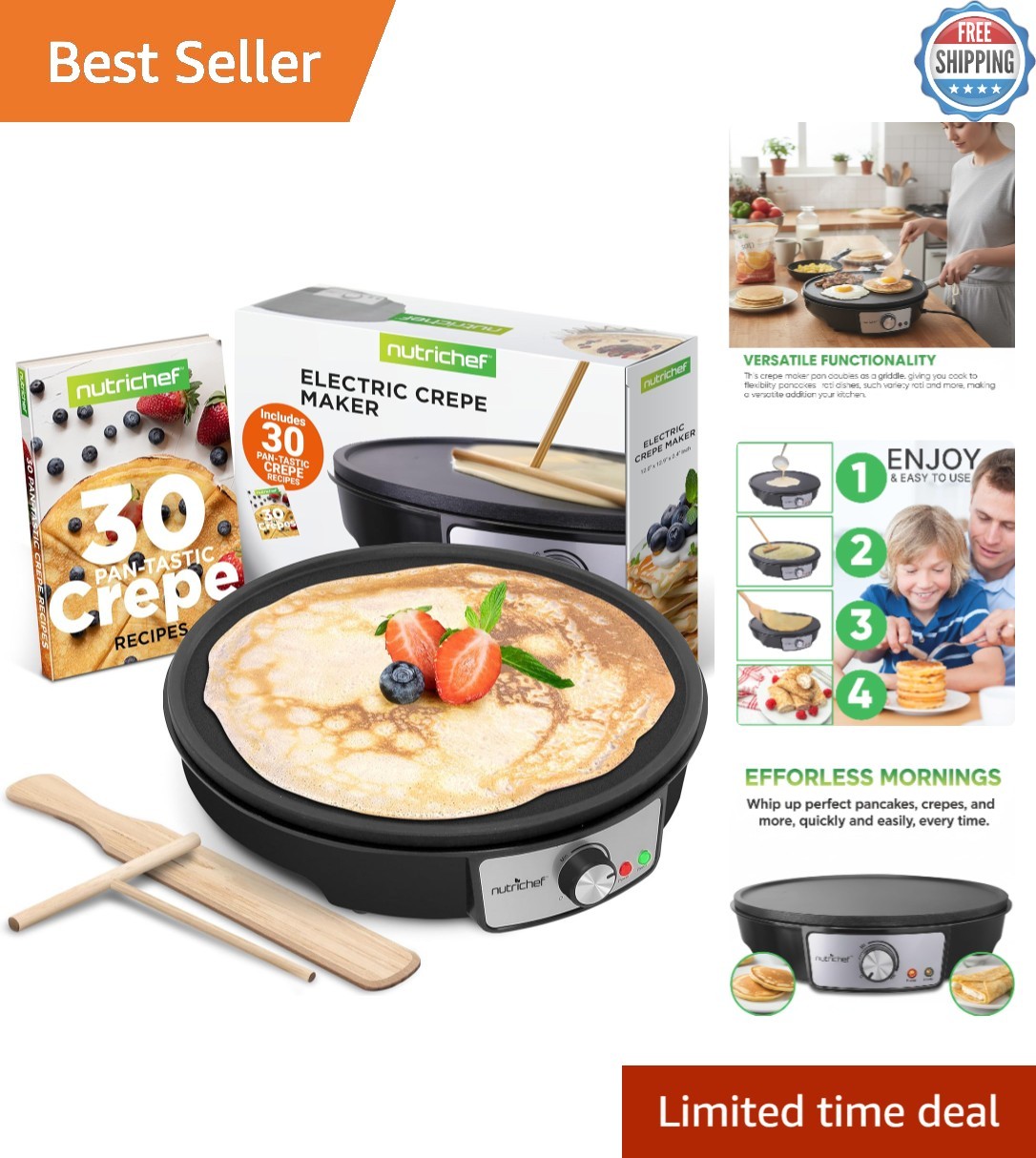 Versatile 12-Inch Electric Cooktop with LED and Spatula for Crepes & Pancakes