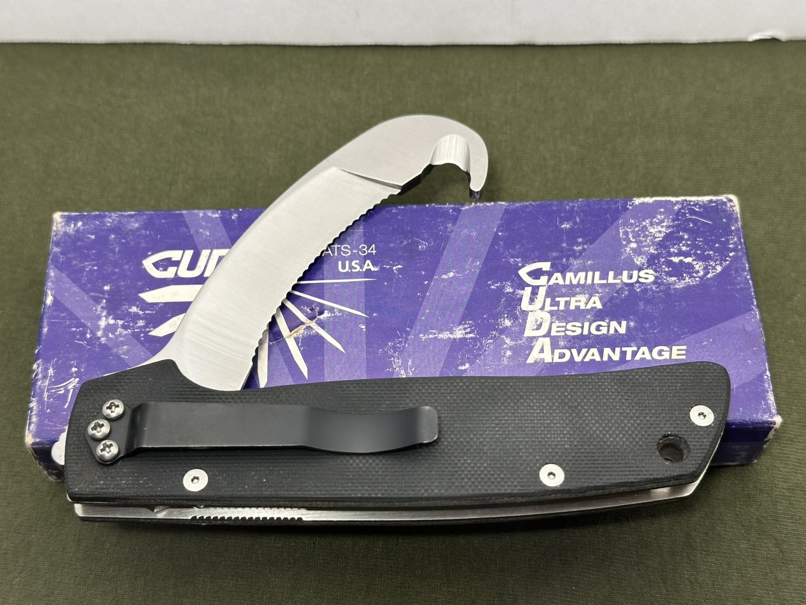 Camillus Vintage USA Made Cuda 3 Rescue Knife ATS-34 Blade, Black G-10 Scales