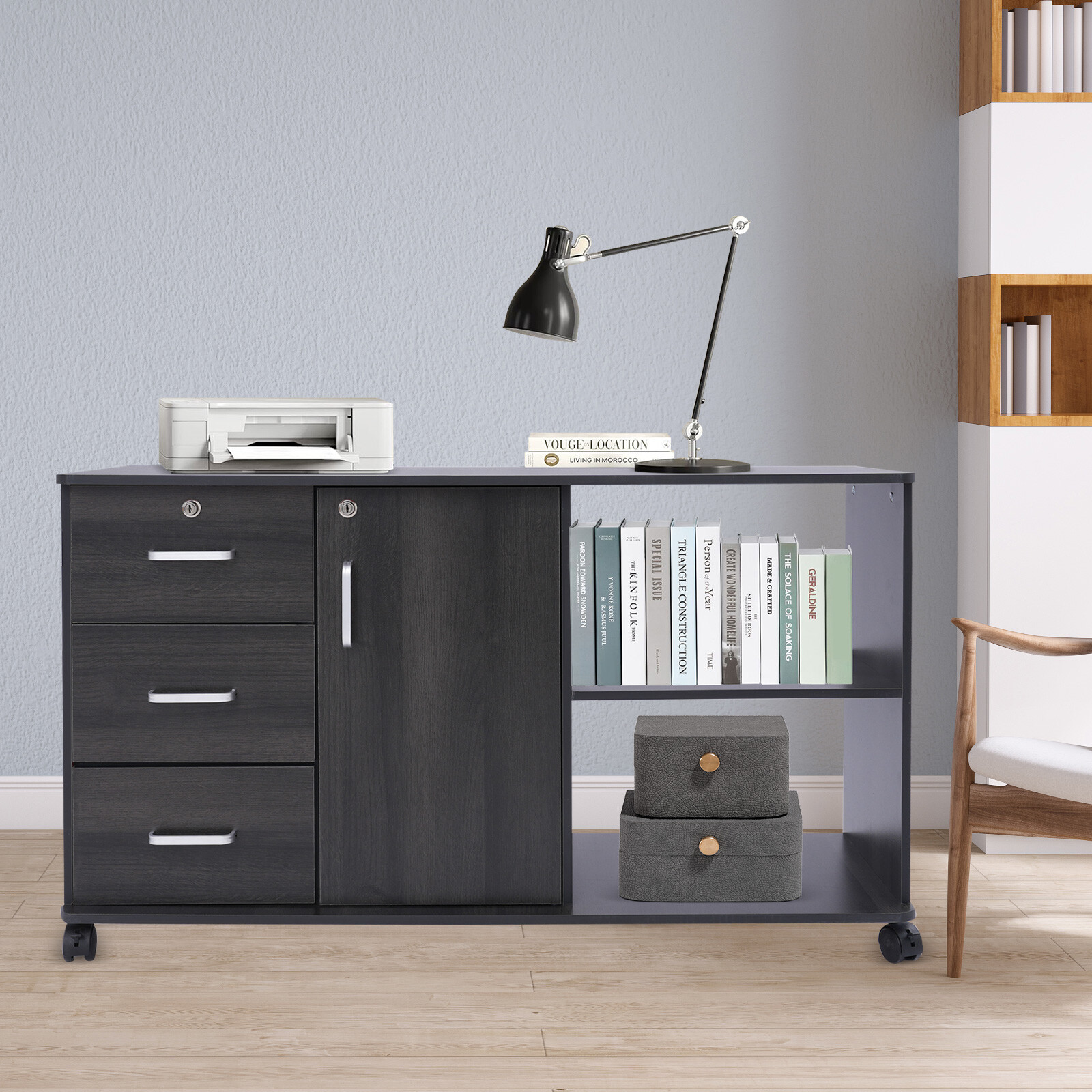 3 Drawers 2 Compartments Mobile File Cabinet Locking File Cabinet MDF 1 Cabinet
