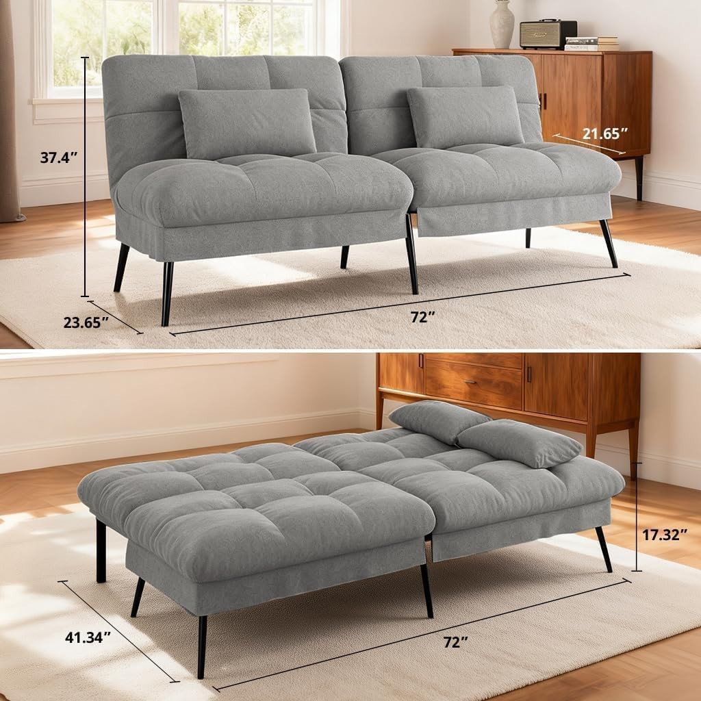 Convertible Futon Sofa Bed 72″Fabric Futons Couch W/ Adjustable Backrest Folding