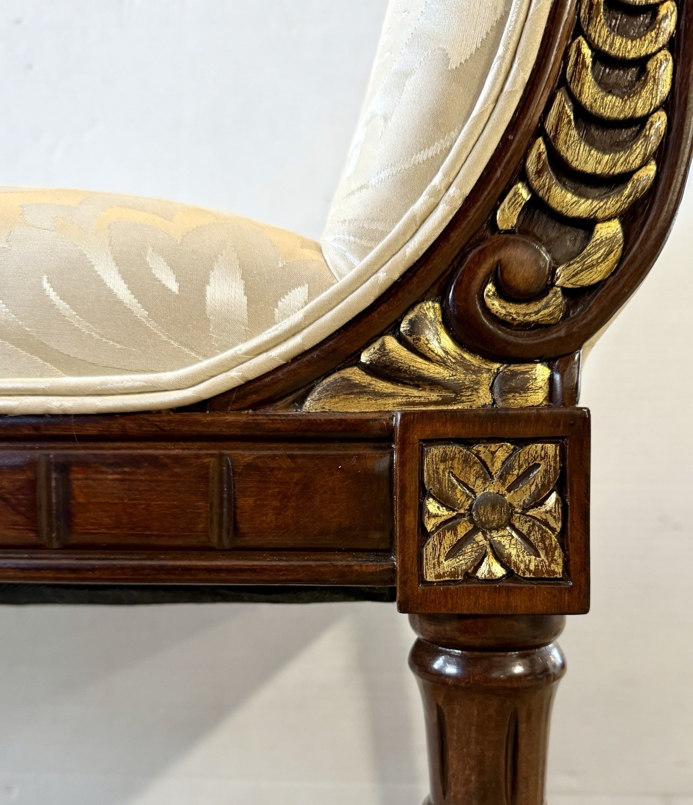 Magnificent Neoclassical Carved Mahogany and Gilt Scroll Arm Window Bench Seat