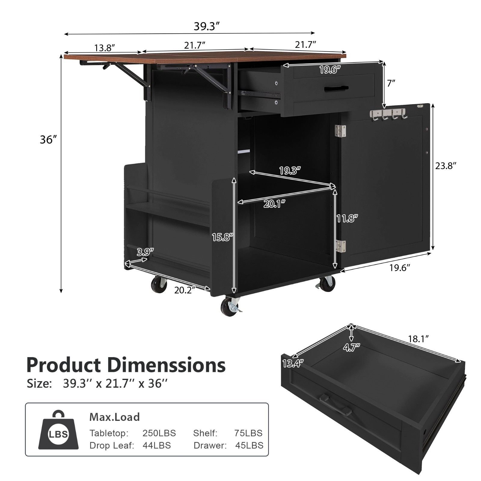Rolling Kitchen Island Cart Storage Cabinet with Drop Leaf and Side Rack