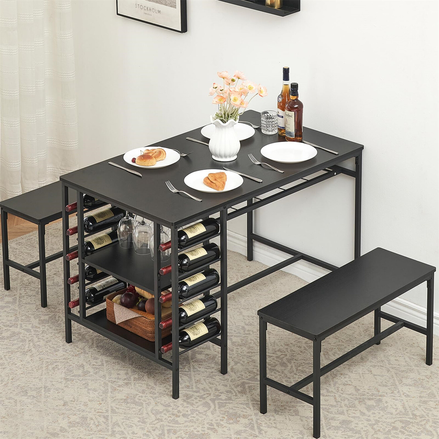 Dining Table Set for 4 3 Pieces Kitchen Table Set with 2 Benches Wine Rack