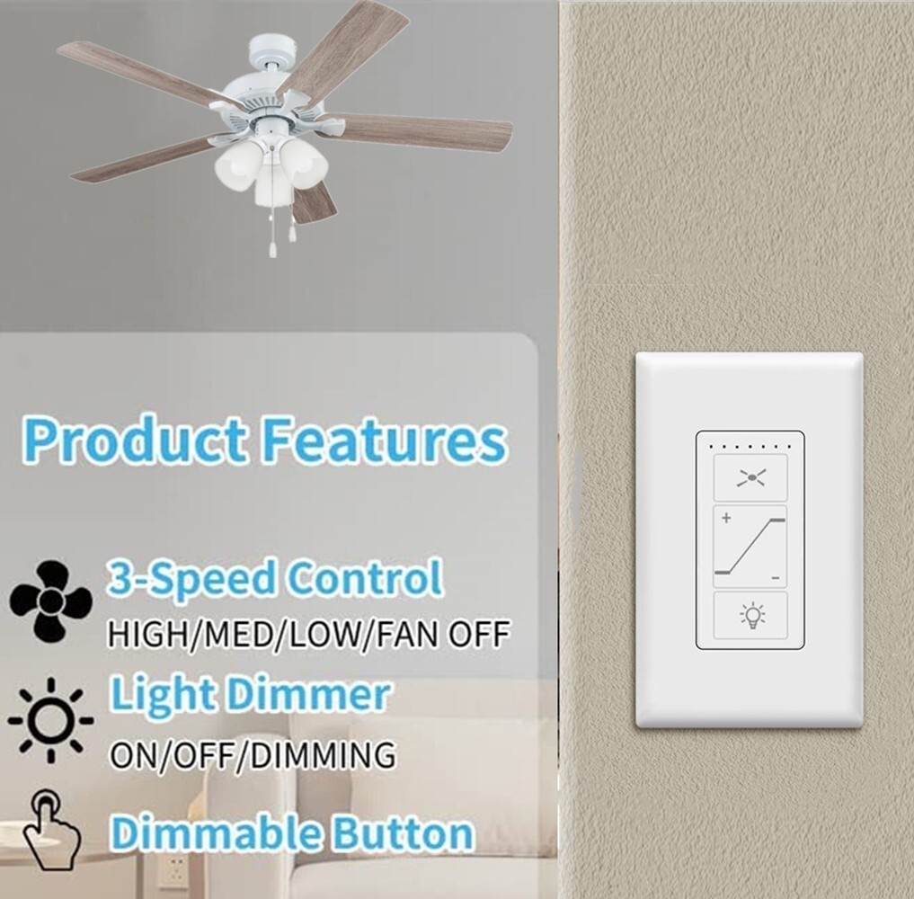 USED Ceiling Fan & Dimmer Wall Switch, 2 in 1 Light and Fan Light Switch