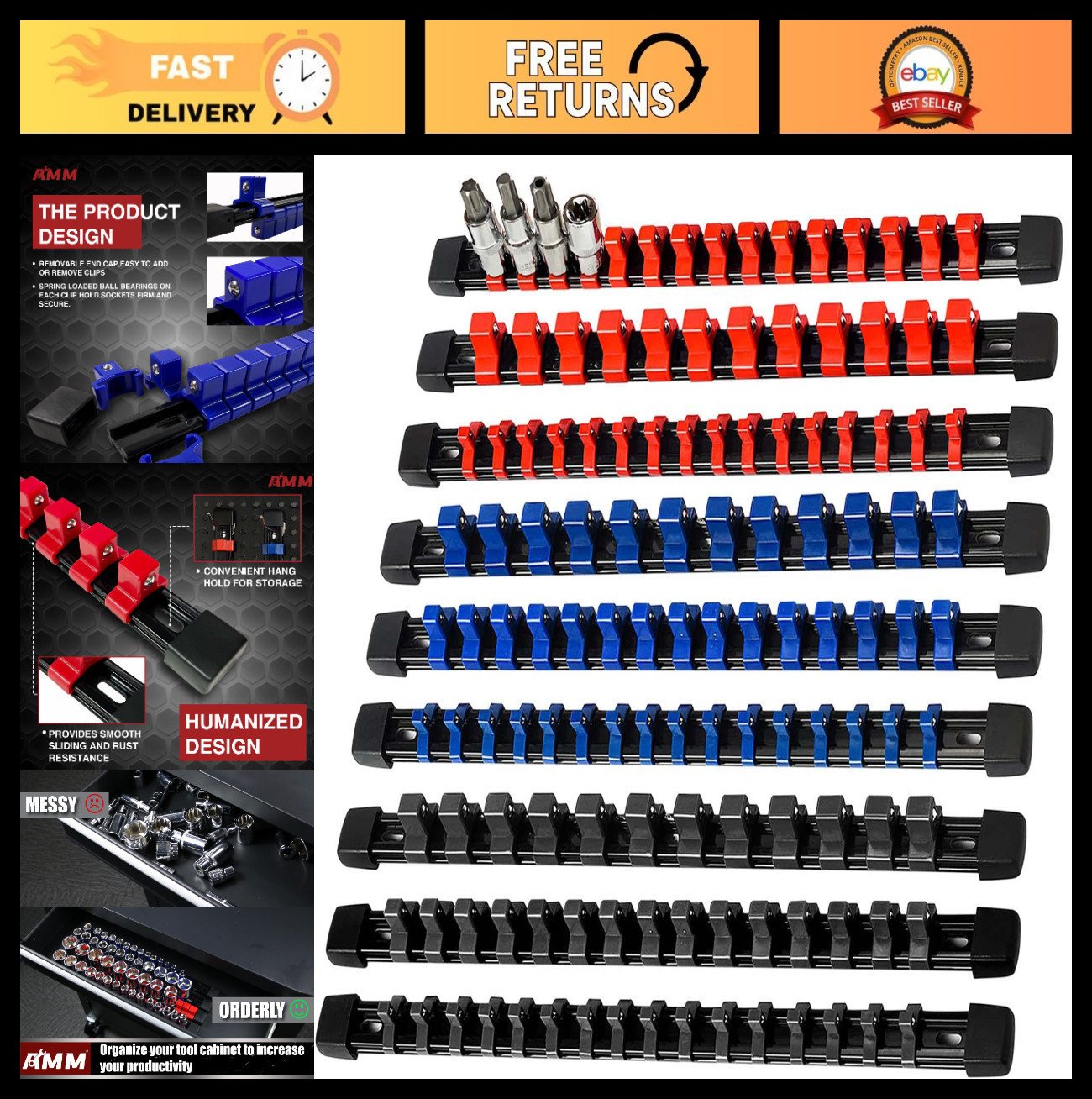 9-Piece Heavy Duty Socket Organizer Set - 1/2", 3/8", 1/4" Drive Tool Holder, AB