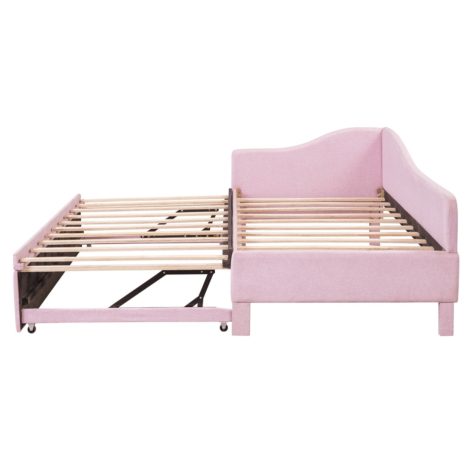 Twin Size Daybed Linen Upholstered Bed Frame Sofa Bed with Pull Out Trundle Bed